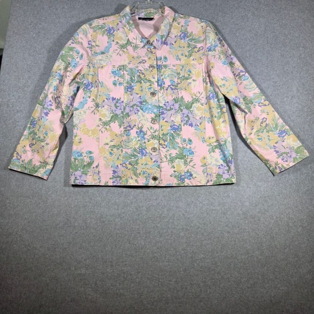 Denim & Co Womens Pink Floral Jean Jacket Button Up Pastel Cotton Trucker Y2K